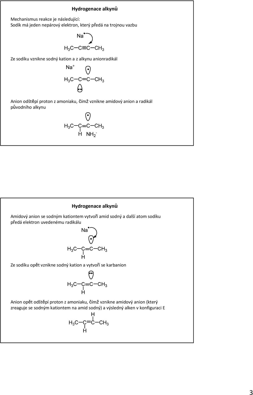 kationtem vytvoříamid sodný a dalšíatom sodíku předáelektron uvedenému radikálu H 3 C C C CH 3 Ze sodíku opět vznikne sodný kation a vytvoří se karbanion H