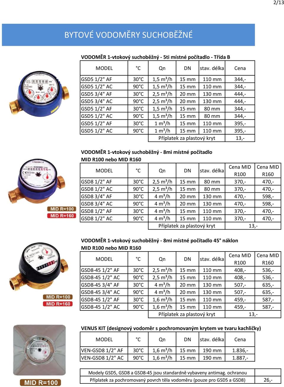 110 mm 395,- GSD5 1/2" AC 90 C 1 m³/h 15 mm 110 mm 395,- Příplatek za plastový kryt 13,- VODOMĚR 1-vtokový suchoběžný - 8mi místné počítadlo MID R100 nebo MID R160 MODEL C Qn DN stav.