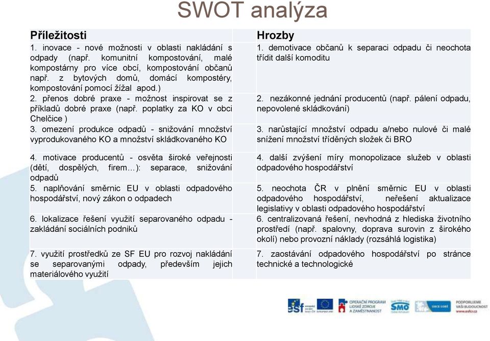 omezení produkce odpadů - snižování množství vyprodukovaného KO a množství skládkovaného KO SWOT analýza Hrozby 1. demotivace občanů k separaci odpadu či neochota třídit další komoditu 2.