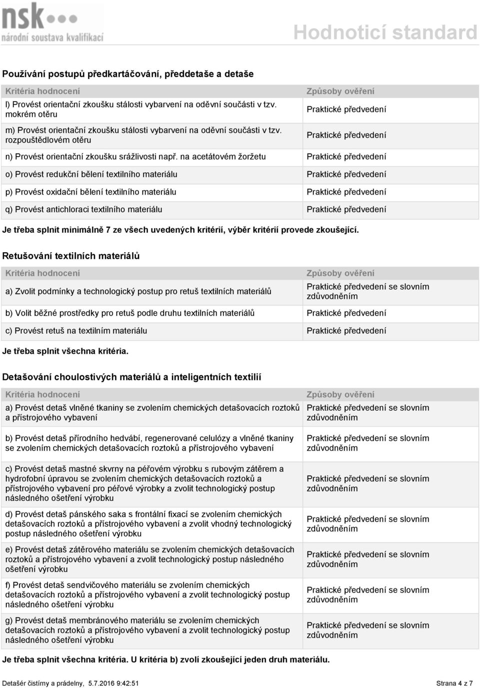 na acetátovém žoržetu o) Provést redukční bělení textilního materiálu p) Provést oxidační bělení textilního materiálu q) Provést antichloraci textilního materiálu Je třeba splnit minimálně 7 ze všech