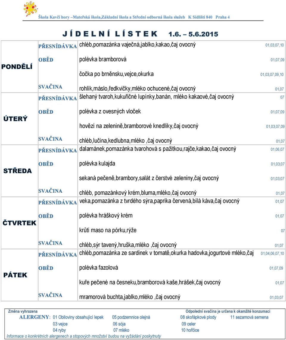 01,07 dalamánek,pomazánka tvarohová s pažitkou,rajče,kakao,čaj ovocný 01,06,07 polévka kulajda 01,03,07 sekaná pečeně,brambory,salát z čerstvé zeleniny,čaj ovocný 01,03,07 chléb, pomazánkový