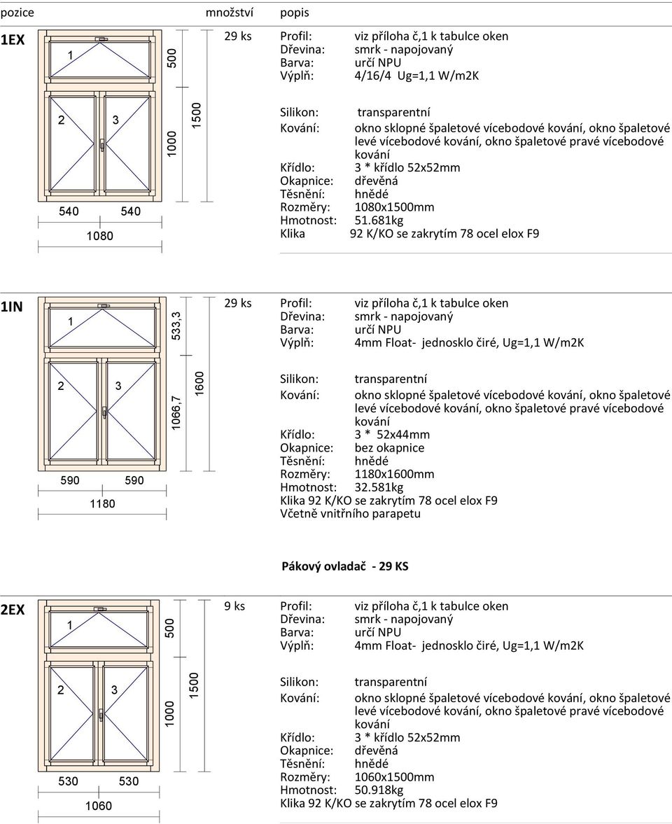 68kg Klika Verona 92 K/KO se zakrytím 78 ocel elox F9 IN 29 ks Profil: viz příloha č, k tabulce oken 4mm Float- jednosklo čiré, Ug=, W/m2K 590 590 80 Kování: transparentní okno sklopné špaletové
