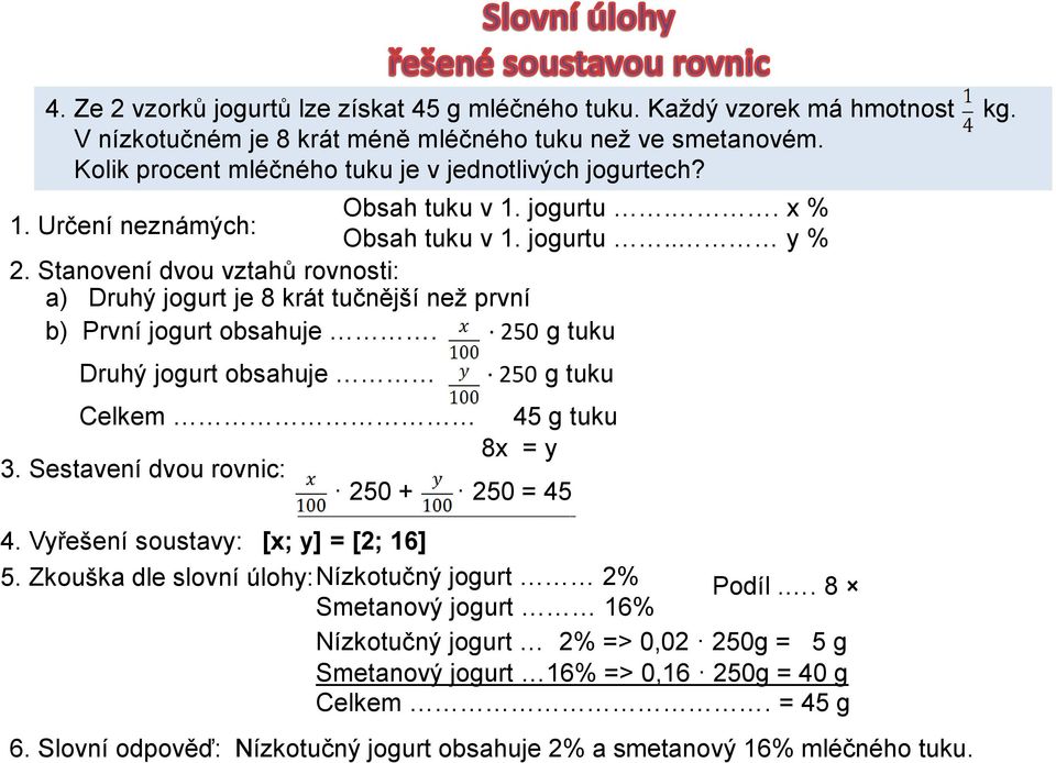 Stanovení dvou vztahů rovnosti: a) Druhý jogurt je 8 krát tučnější než první b) První jogurt obsahuje. 250 g tuku Druhý jogurt obsahuje Celkem 3.