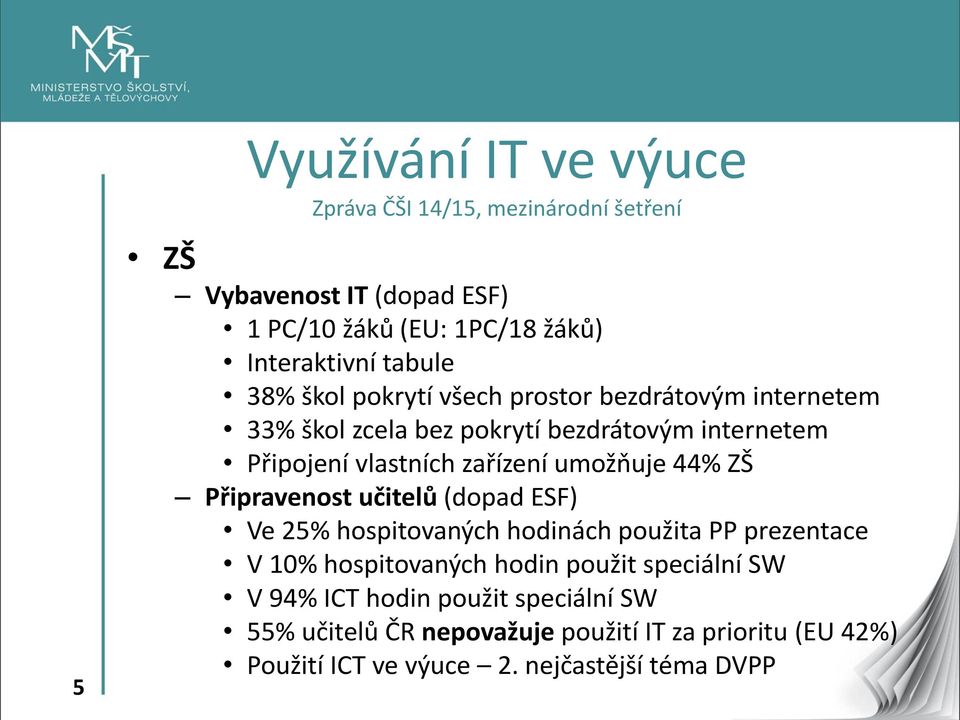 umožňuje 44% ZŠ Připravenost učitelů (dopad ESF) Ve 25% hospitovaných hodinách použita PP prezentace V 10% hospitovaných hodin použit