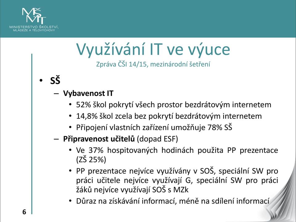 (dopad ESF) Ve 37% hospitovaných hodinách použita PP prezentace (ZŠ 25%) PP prezentace nejvíce využívány v SOŠ, speciální SW pro