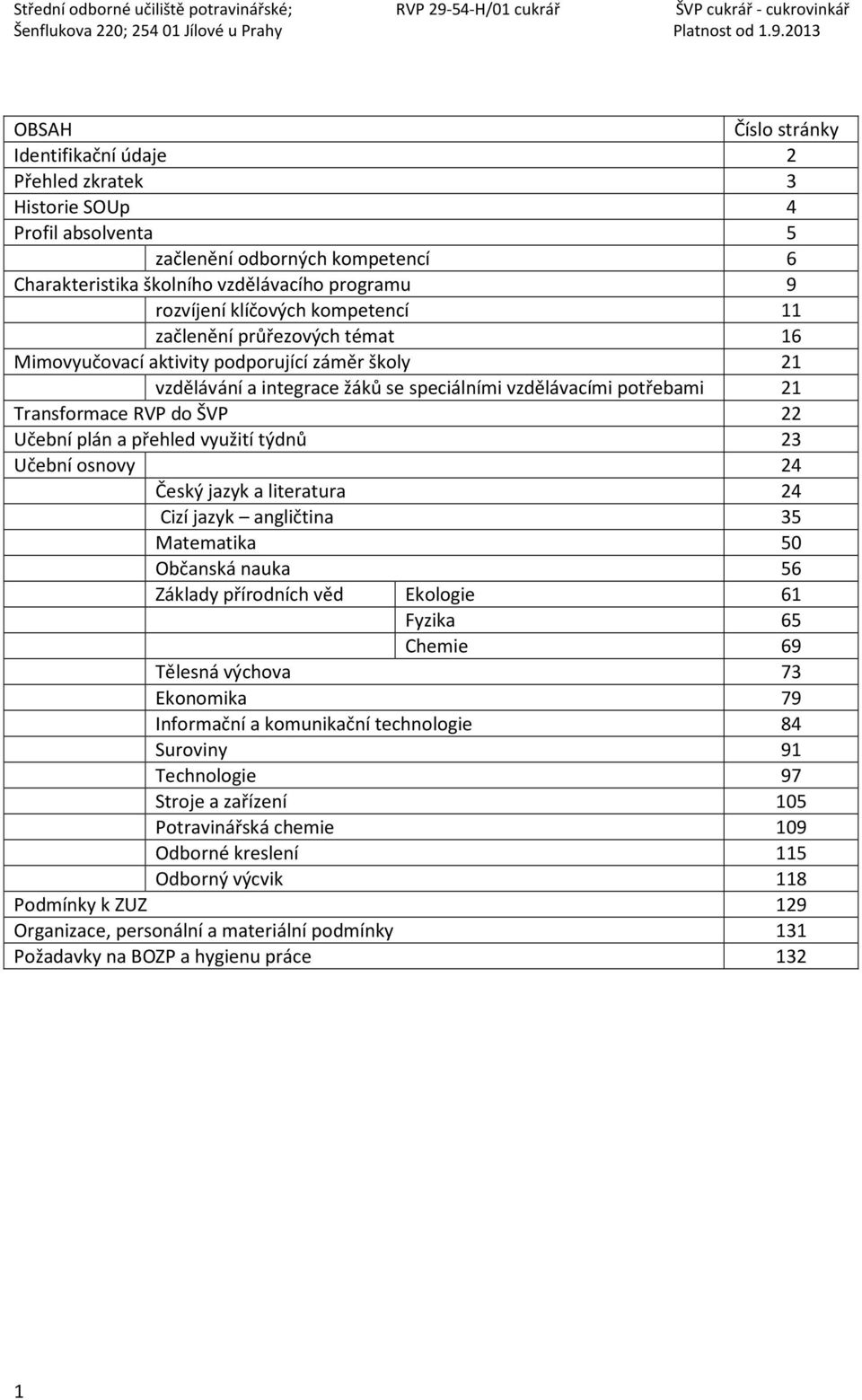 plán a přehled využití týdnů 23 Učební osnovy 24 Český jazyk a literatura 24 Cizí jazyk angličtina 35 Matematika 50 Občanská nauka 56 Základy přírodních věd Ekologie 61 Fyzika 65 Chemie 69 Tělesná