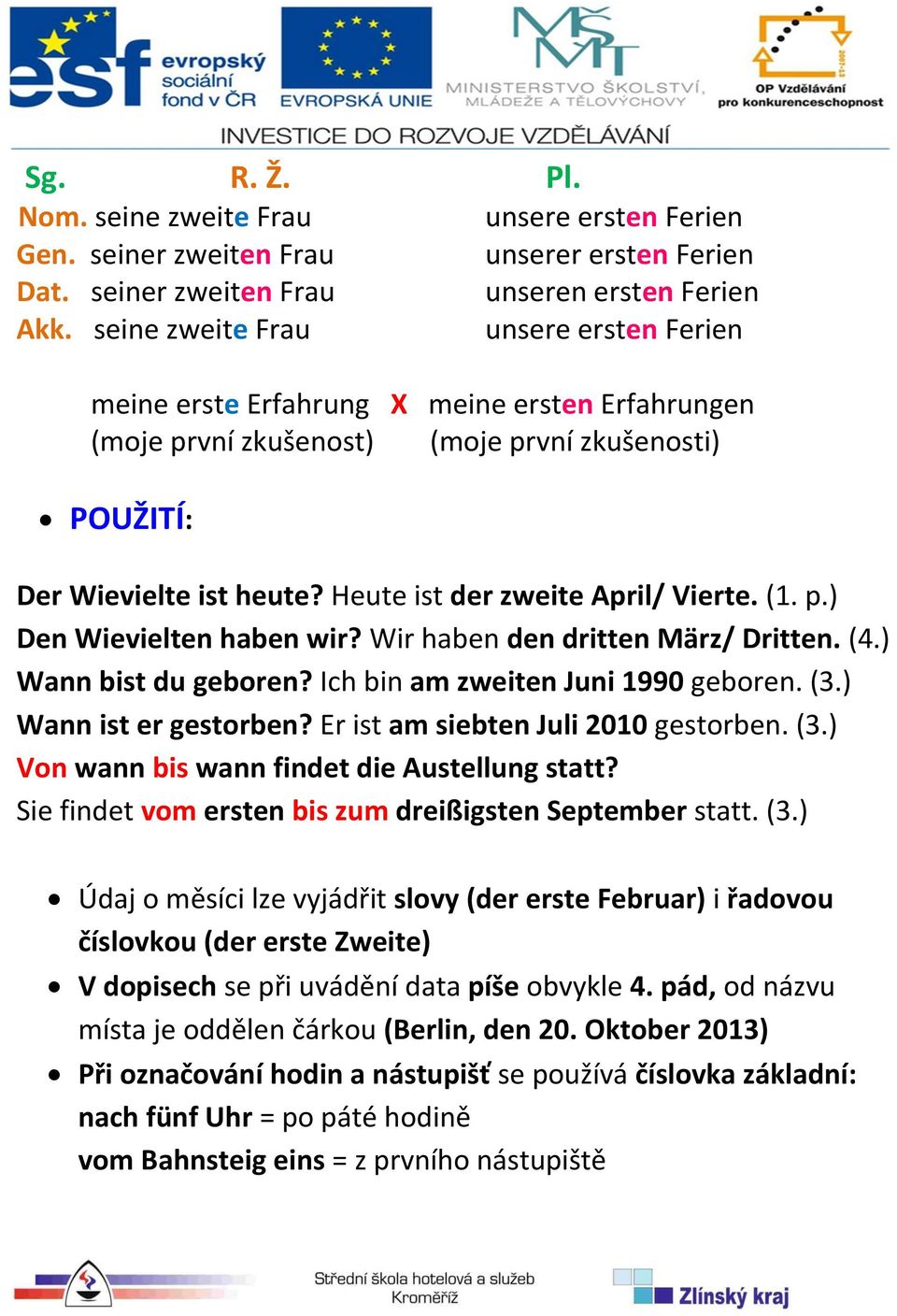 POUŽITÍ: Der Wievielte ist heute? Heute ist der zweite April/ Vierte. (1. p.) Den Wievielten haben wir? Wir haben den dritten März/ Dritten. (4.) Wann bist du geboren?