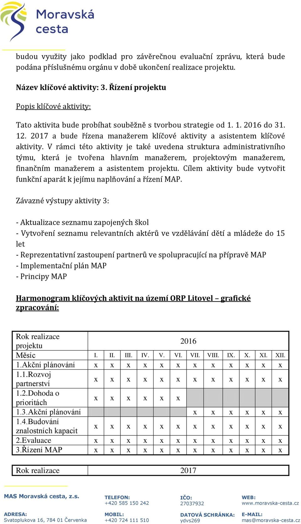 V rámci této aktivity je také uvedena struktura administrativního týmu, která je tvořena hlavním manažerem, projektovým manažerem, finančním manažerem a asistentem projektu.