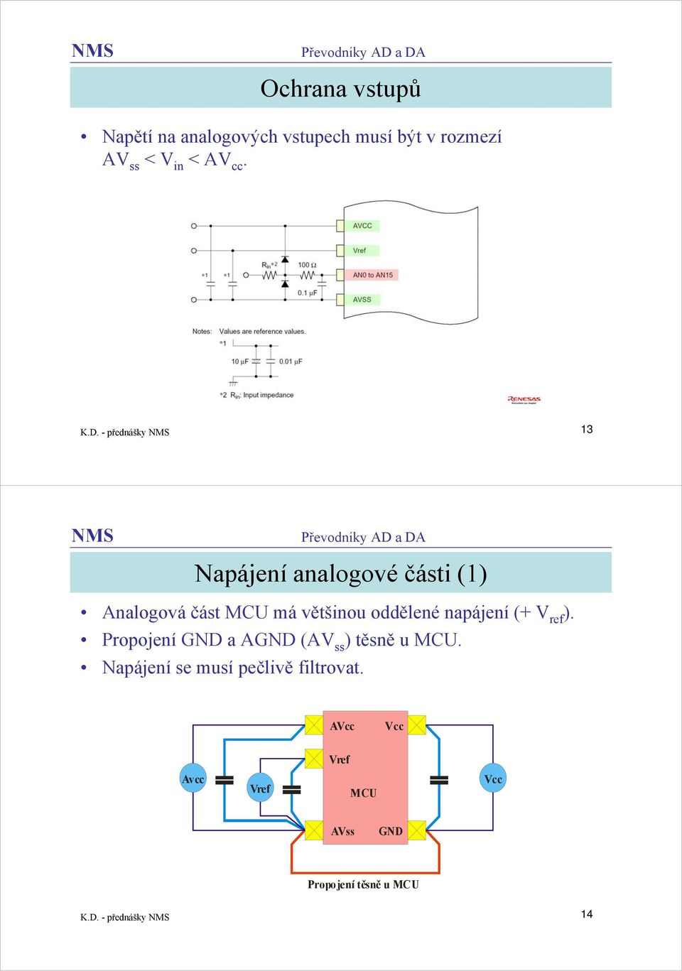 oddělené napájení (+ V ref ). Propojení a A (AV ss ) těsně u MCU.