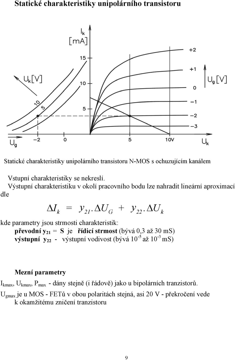 U 21 G 22 de parametry jsou strmosti charateristi: převodní y 21 = S je řídicí strmost (ývá 0,3 až 30 ms) výstupní y 22 - výstupní vodivost (ývá 10-5 až