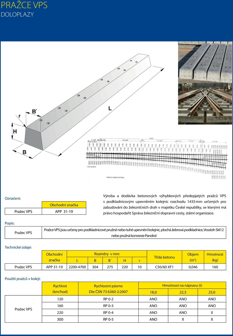 Pražec VPS Pražce VPS jsou určeny pro podkladnicové pružné nebo tuhé upevnění kolejnic, plochá žebrová podkladnice, Vossloh Skl12 nebo pružná konverze Pandrol Objem Hmotnost