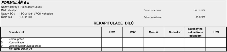 30.3.2009 REKAPITULACE DÍLŮ Stavební díl HSV PSV Montáž Dodávka 1 Zemní práce 5