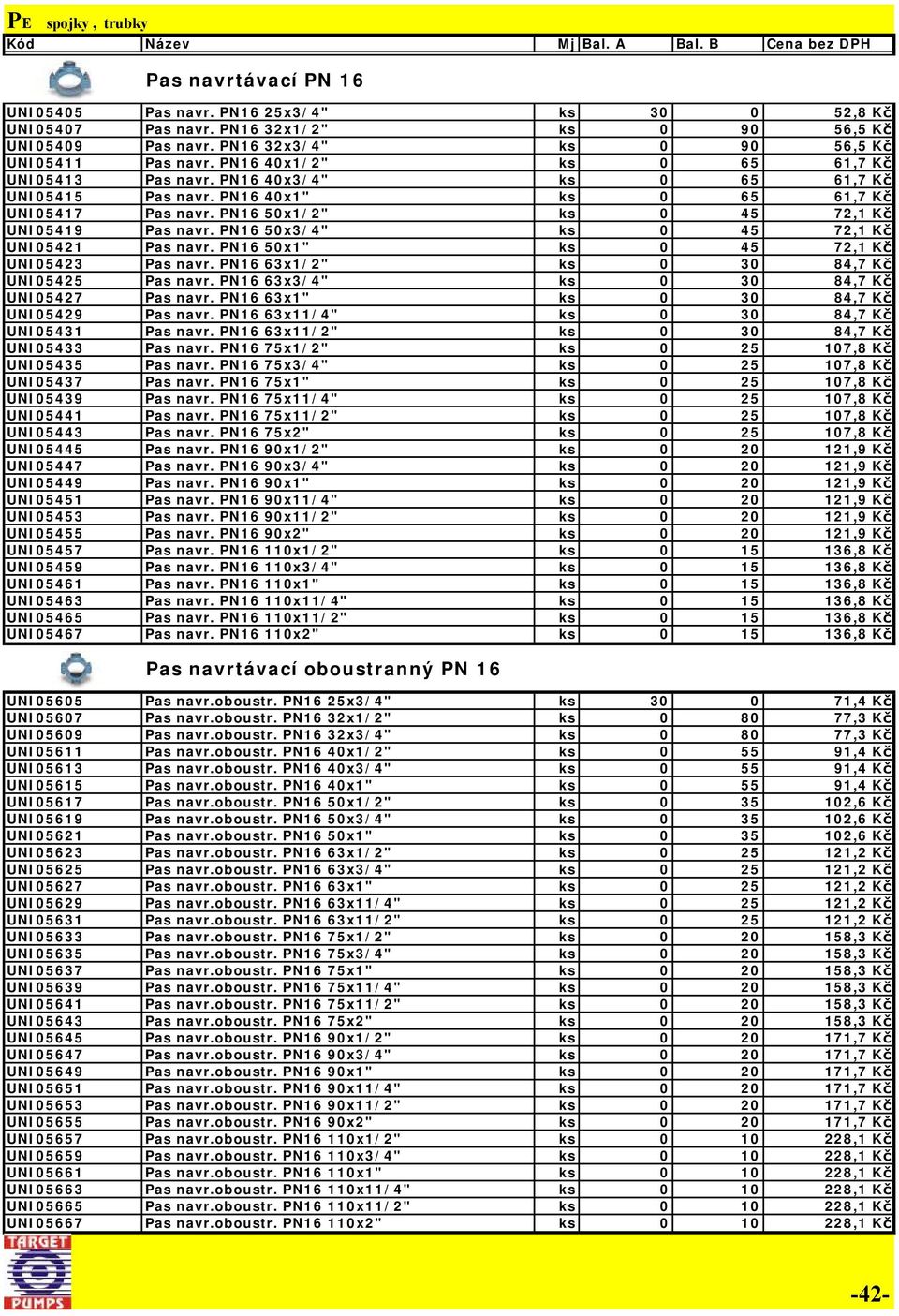 PN16 50x3/4" ks 0 45 72,1 Kč UNI05421 Pas navr. PN16 50x1" ks 0 45 72,1 Kč UNI05423 Pas navr. PN16 63x1/2" ks 0 30 84,7 Kč UNI05425 Pas navr. PN16 63x3/4" ks 0 30 84,7 Kč UNI05427 Pas navr.