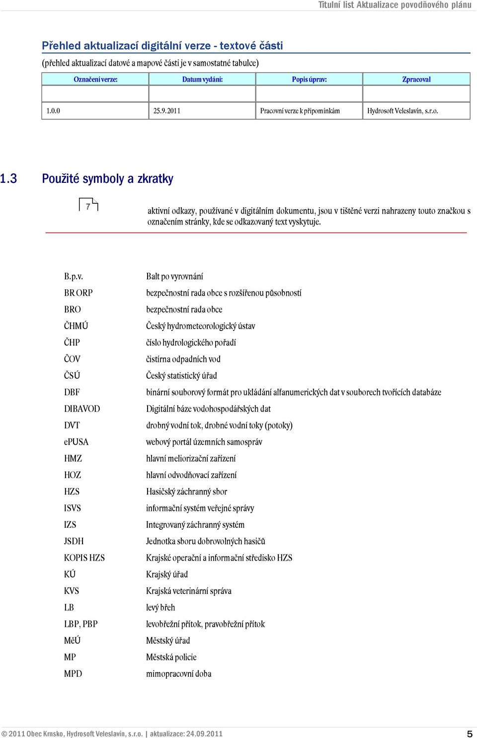 is úprav: Pracovní verze k připomínkám Zpracoval Hydrosoft Veleslavín, s.r.o. Použité symboly a zkratky aktivní odkazy, používané v digitálním dokumentu, jsou v tištěné verzi nahrazeny touto značkou s označením stránky, kde se odkazovaný text vyskytuje.