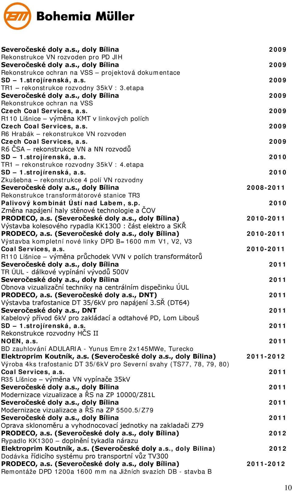 s. 2009 R6 ČSA rekonstrukce VN a NN rozvodů SD 1.strojírenská, a.s. 2010 TR1 rekonstrukce rozvodny 35kV : 4.etapa SD 1.strojírenská, a.s. 2010 Zkušebna rekonstrukce 4 polí VN rozvodny Severočeské doly a.