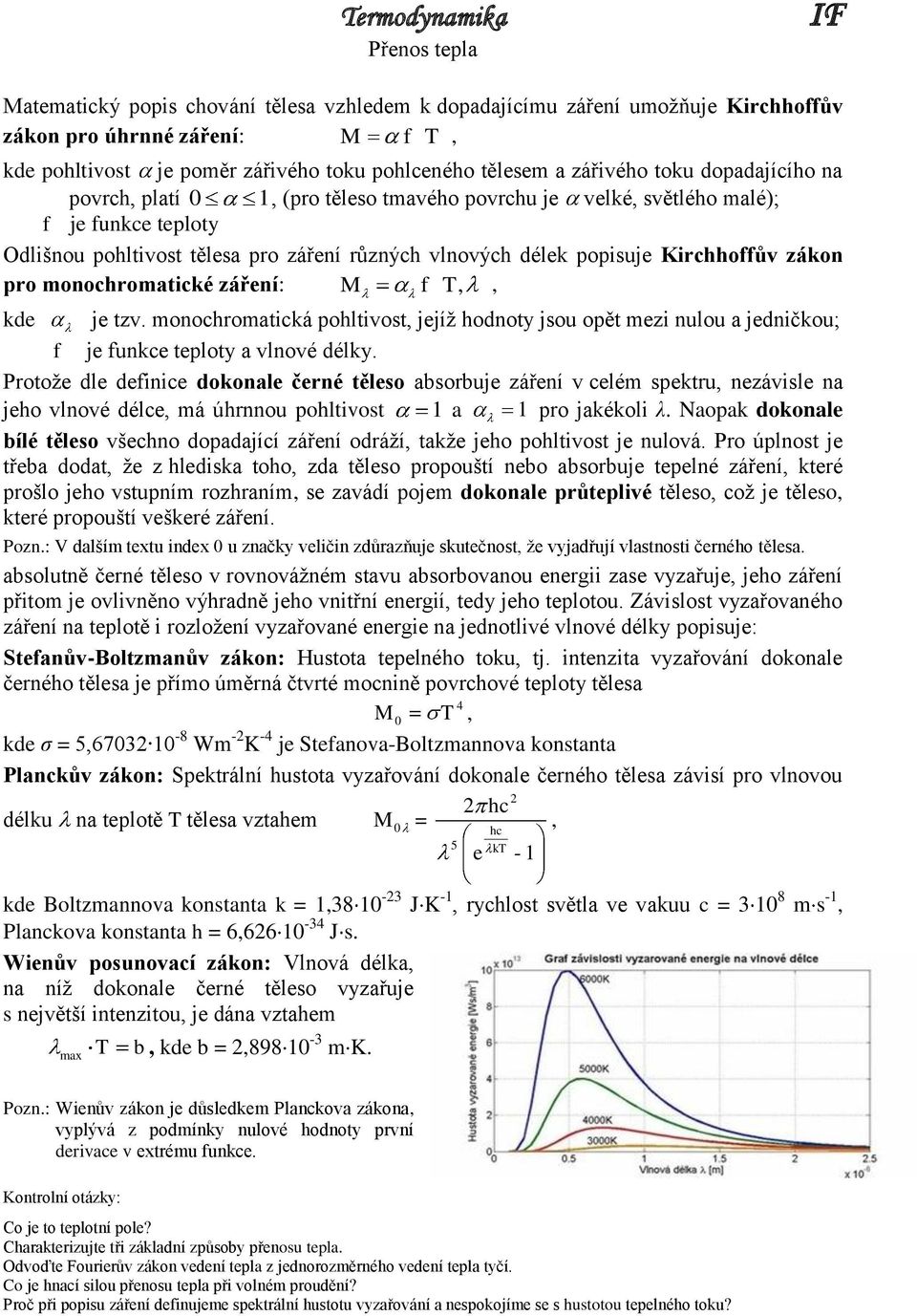 pro monochromatické záření: M f T,, kde je tzv. monochromatická pohltivost, jejíž hodnoty jsou opět mezi nulou a jedničkou; f je funkce teploty a vlnové délky.