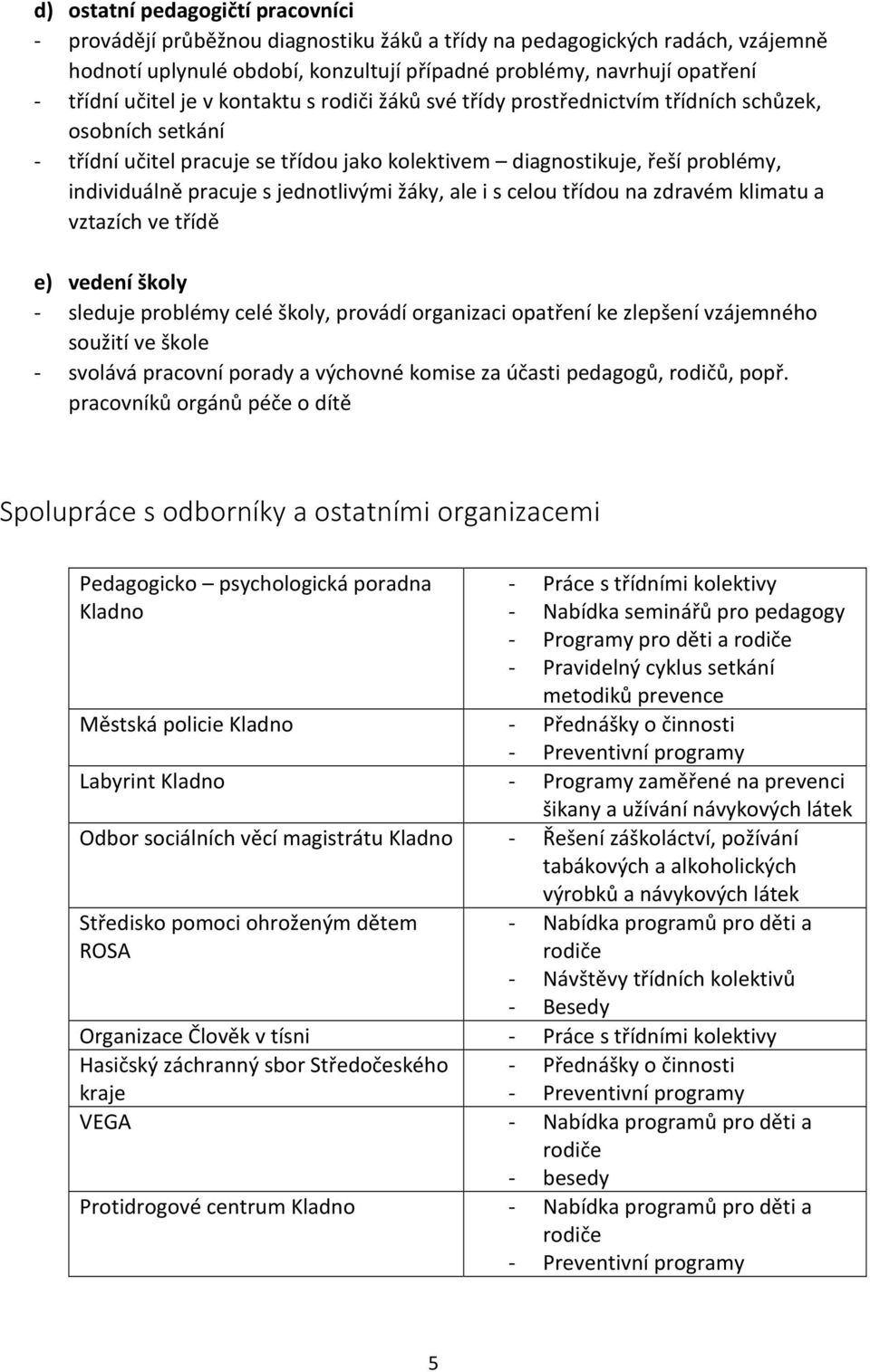 jednotlivými žáky, ale i s celou třídou na zdravém klimatu a vztazích ve třídě e) vedení školy - sleduje problémy celé školy, provádí organizaci opatření ke zlepšení vzájemného soužití ve škole -