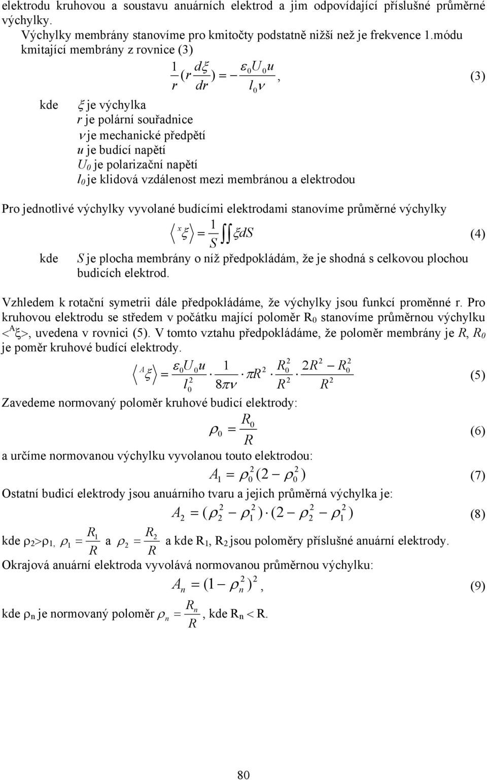 membráou a elektrodou Pro jedotlivé výchylky vyvolaé budícími elektrodami staovíme průměré výchylky x ξ = ξds () S kde S je plocha membráy o íž předpokládám, že je shodá s celkovou plochou budicích