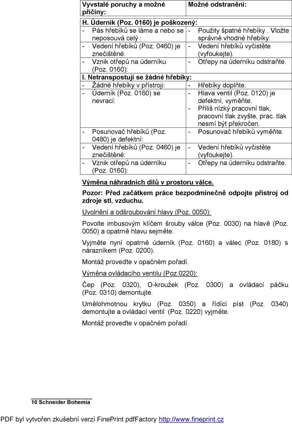 Netranspostují se žádné hřebíky: - Žádné hřebíky v přístroji: - Hřebíky doplňte. - Úderník (Poz. 0160) se nevrací: - Hlava ventil (Poz. 0120) je defektní, vyměňte.