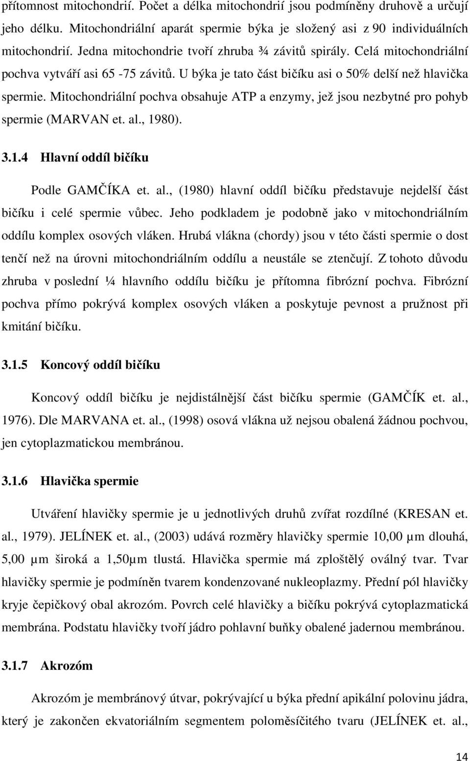 Mitochondriální pochva obsahuje ATP a enzymy, jež jsou nezbytné pro pohyb spermie (MARVAN et. al., 1980). 3.1.4 Hlavní oddíl bičíku Podle GAMČÍKA et. al., (1980) hlavní oddíl bičíku představuje nejdelší část bičíku i celé spermie vůbec.