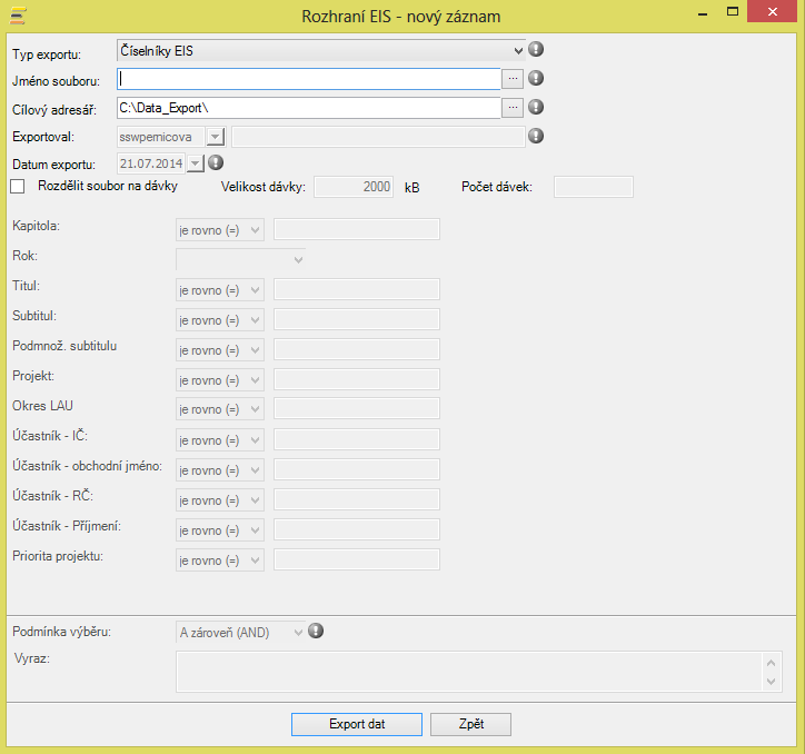 MO DUL NÁSTROJE 7.7.1 Funkce Export EIS Obrázek 236 - okno pro export EIS Popis položek okna pro export EIS Typ exportu tato položka je povinná.