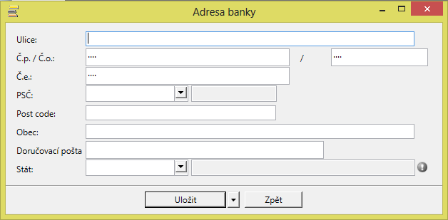 MO DUL OBE CNÉ ČÍSELNÍ KY Obrázek 412 - okno přidání záznamu podagendy Adresa banky V okně pro zadání nebo opravu účastníka vyplňte nebo opravte příslušné položky a uložte tlačítkem Uložit nebo