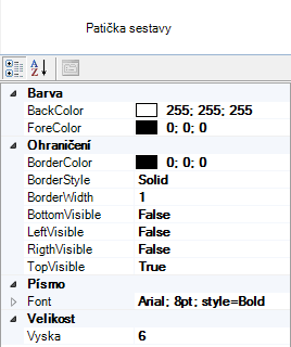 MO DUL RD NÁVRHÁŘ VÝS TUPŮ RightVisible Viditelnost pravé čáry uživatel zvolí, zda se bude na výsledné sestavě zobrazovat pravá čára rámu patičky seskupení.