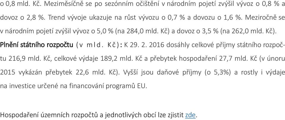 Kč). Plnění státního rozpočtu (v mld. Kč): K 29. 2. 2016 dosáhly celkové příjmy státního rozpočtu 216,9 mld. Kč, celkové výdaje 189,2 mld.