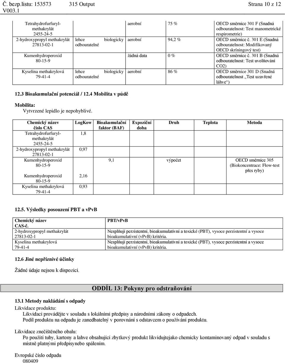 301 B (Snadná odbouratelnost: Test uvolňování CO2) aerobní 86 % OECD směrnice 301 D (Snadná odbouratelnost Test uzavřené láhve ) 12.3 Bioakumulační potenciál / 12.