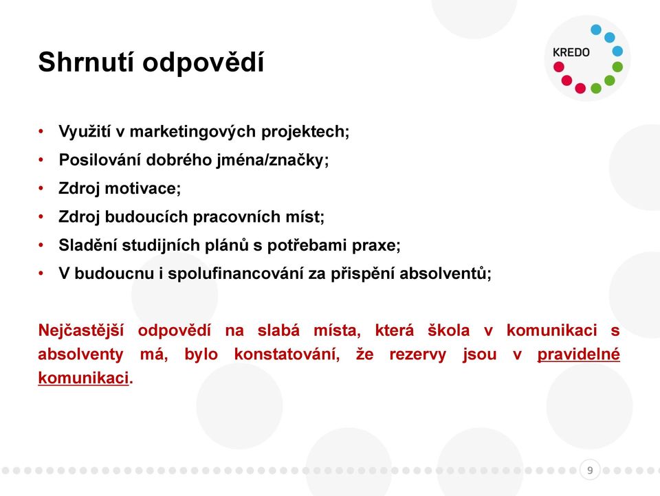 budoucnu i spolufinancování za přispění absolventů; Nejčastější odpovědí na slabá místa,