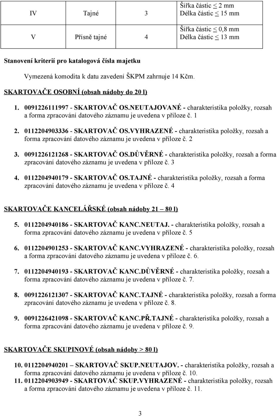 0112204903336 - SKARTOVAČ OS.VYHRAZENÉ - charakteristika položky, rozsah a forma zpracování datového záznamu je uvedena v příloze č. 2 3. 0091226121268 - SKARTOVAČ OS.