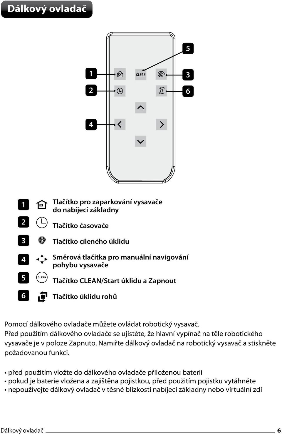 Před použitím dálkového ovladače se ujistěte, že hlavní vypínač na těle robotického vysavače je v poloze Zapnuto.