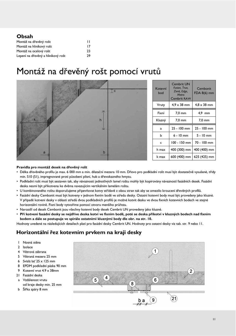 (300) mm 400 (400) mm k max 600 (400) mm 625 (425) mm Pravidla pro montáž desek na dřevěný rošt Délka dřevěného profilu je max. 6 000 mm a min. dilatační mezera 10 mm.