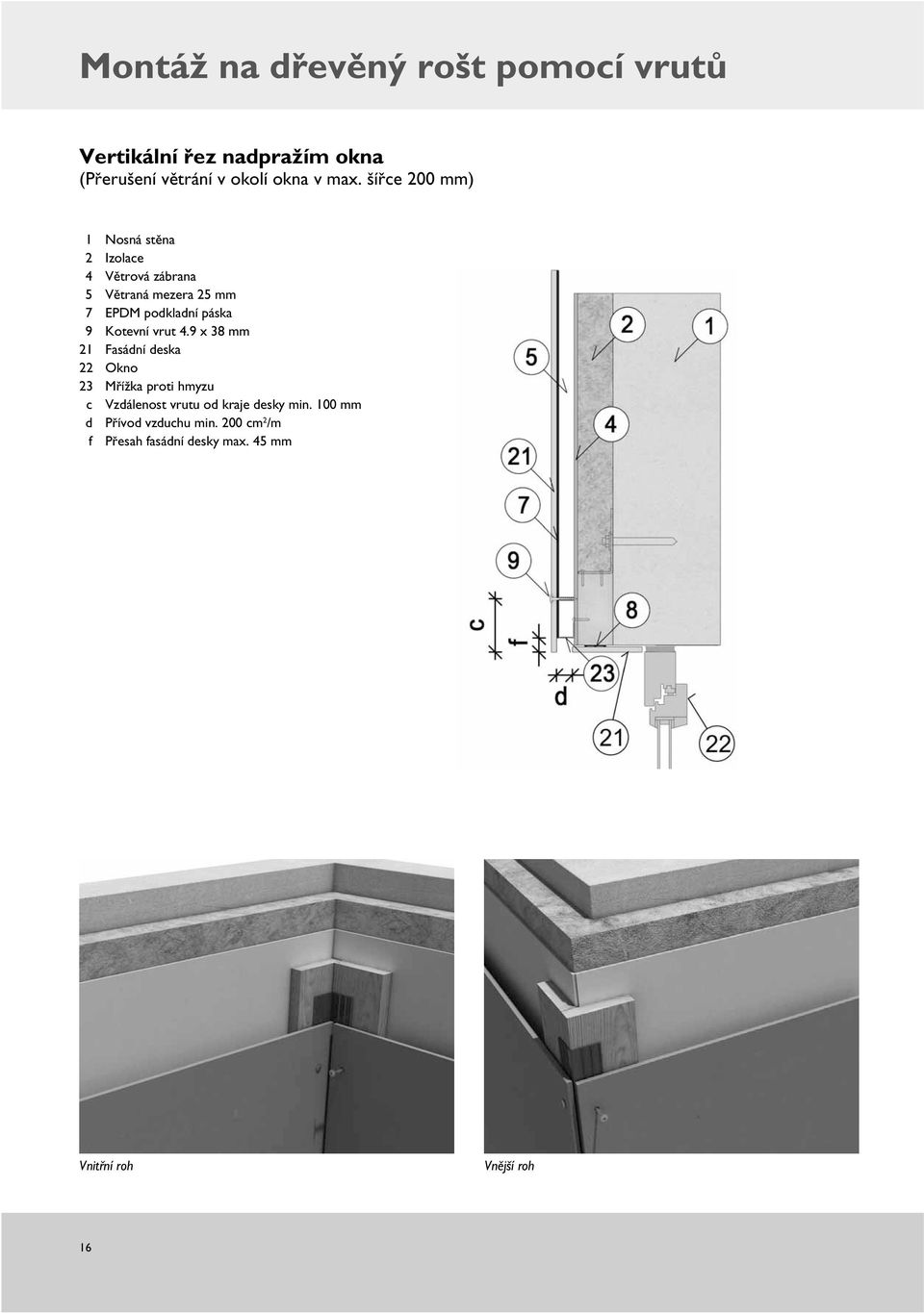 šířce 200 mm) 2 Izolace 4 Větrová zábrana 7 EPDM podkladní páska 9 Kotevní vrut 4.