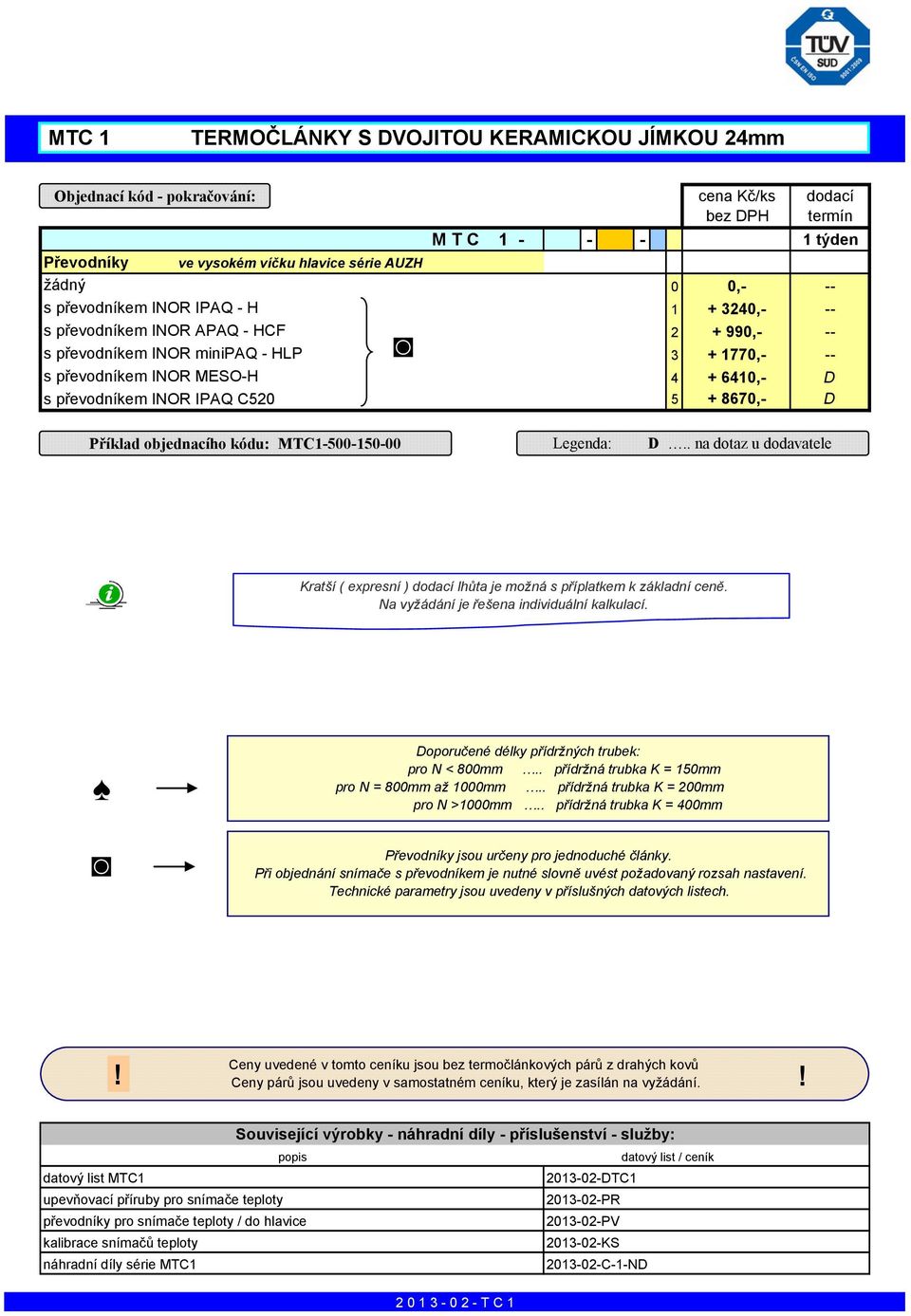 objednacího kódu: MTC1-500-150-00 Legenda: D.. na dotaz u dodavatele Kratší ( expresní ) lhůta je možná s příplatkem k základní ceně. Na vyžádání je řešena individuální kalkulací.