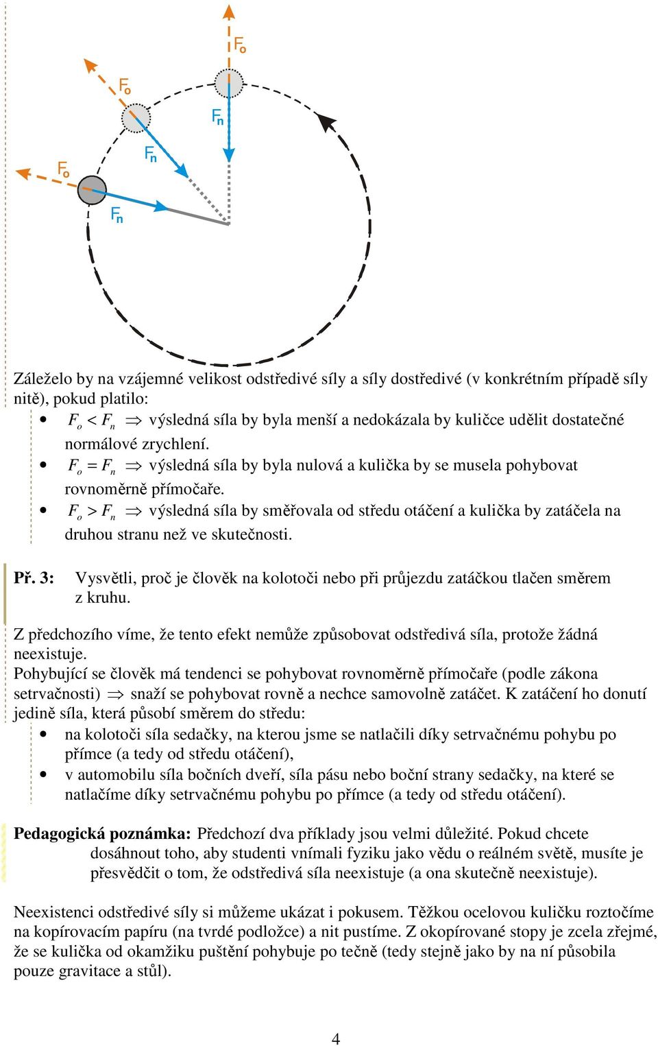 Fo > Fn výsledná síla by směřovala od sředu oáčení a kulička by zaáčela na druhou sranu než ve skuečnosi. Př. 3: Vysvěli, proč je člověk na kolooči nebo při průjezdu zaáčkou lačen směrem z kruhu.