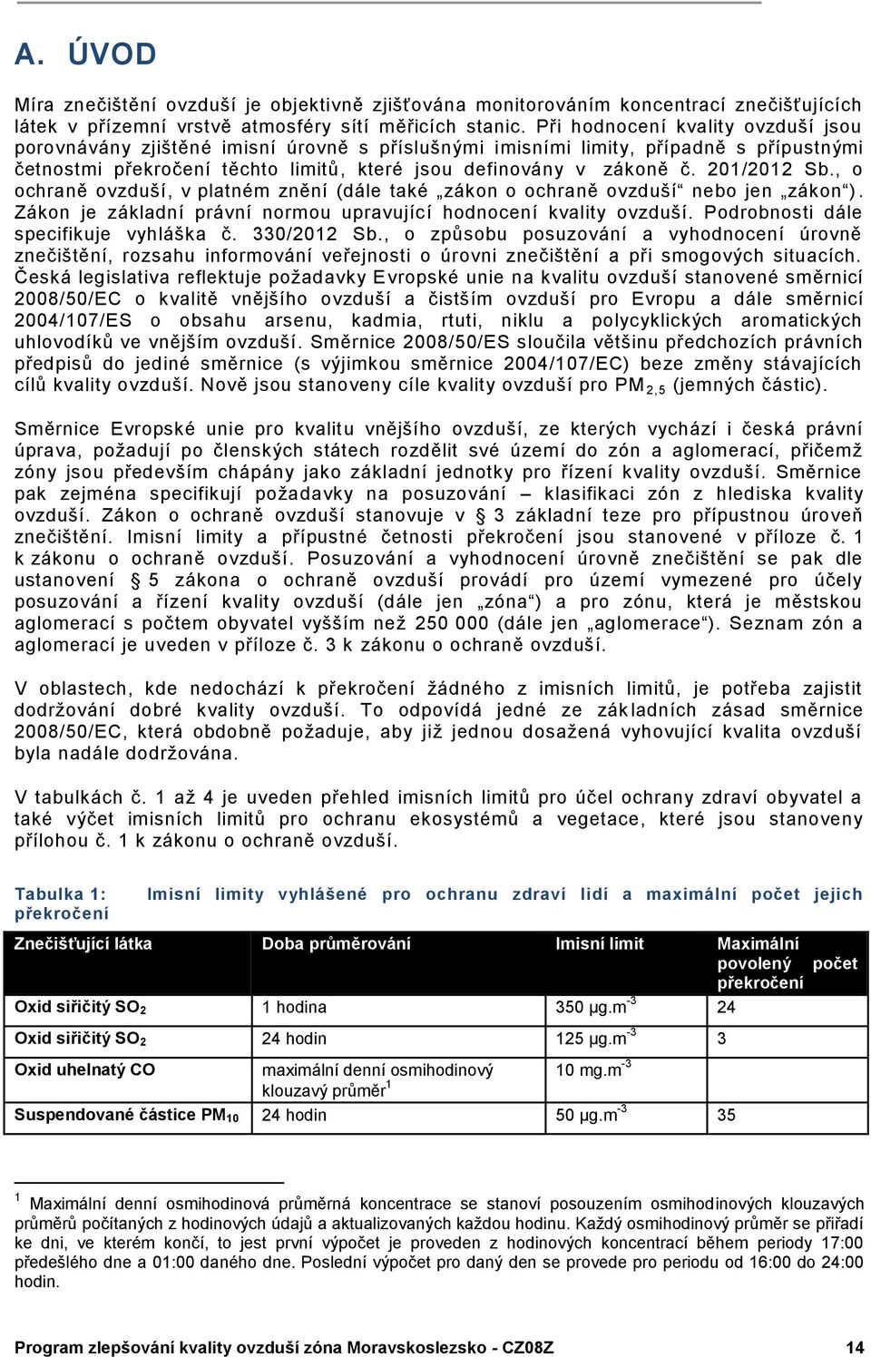 201/2012 Sb., o ochraně ovzduší, v platném znění (dále také zákon o ochraně ovzduší nebo jen zákon ). Zákon je základní právní normou upravující hodnocení kvality ovzduší.