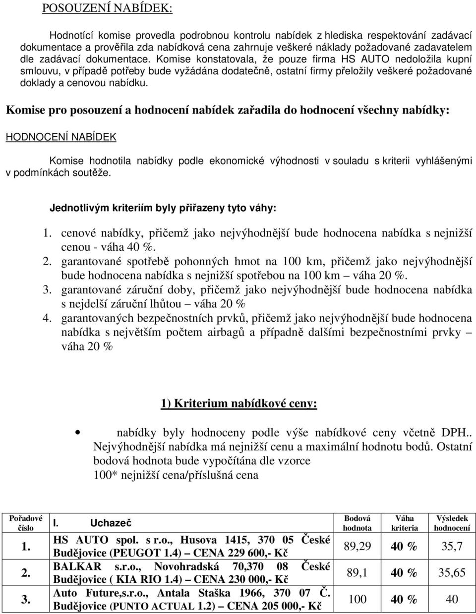 Komise konstatovala, že pouze firma HS AUTO nedoložila kupní smlouvu, v případě potřeby bude vyžádána dodatečně, ostatní firmy přeložily veškeré požadované doklady a cenovou nabídku.