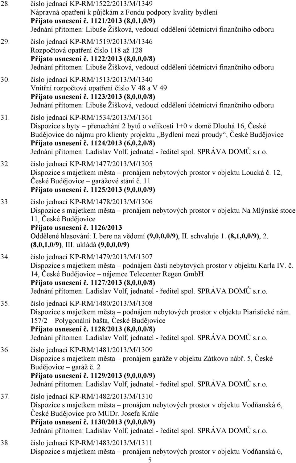 1122/2013 (8,0,0,0/8) Jednání přítomen: Libuše Žišková, vedoucí oddělení účetnictví finančního odboru 30.