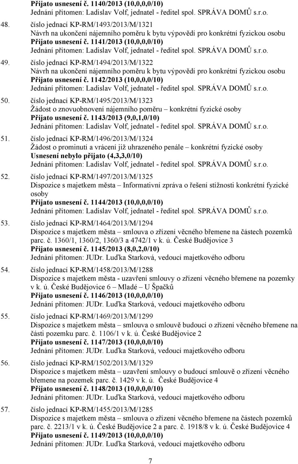 1141/2013 (10,0,0,0/10) Jednání přítomen: Ladislav Volf, jednatel - ředitel spol. SPRÁVA DOMŮ s.r.o. 49.