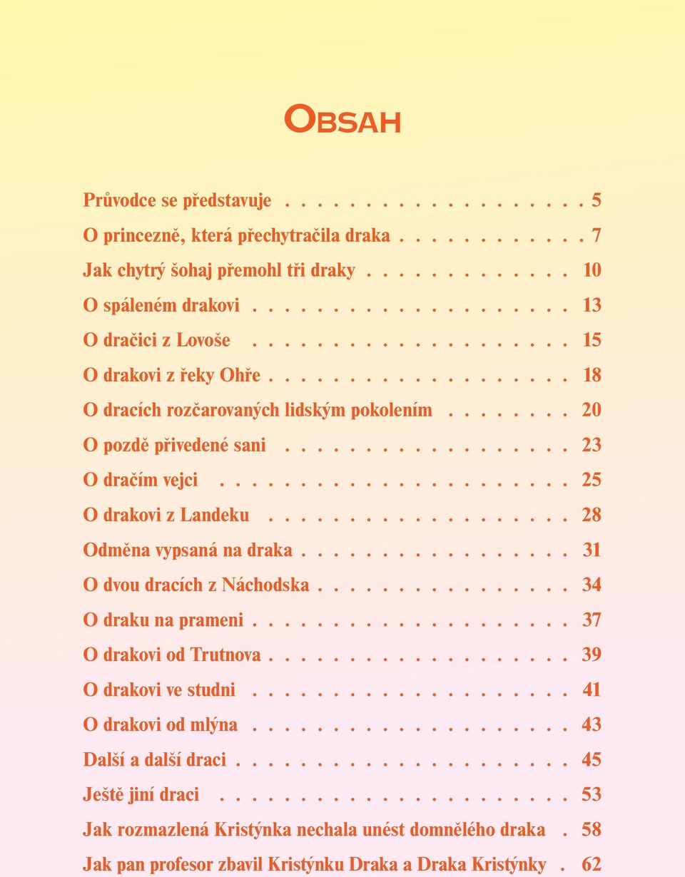 Lovoše 15 O drakovi z řeky Ohře 18 O dracích rozčarovaných lidským pokolením 20 O pozdě přivedené sani 23 O dračím vejci 25 O drakovi z Landeku 28 Odměna vypsaná na draka 31 O dvou