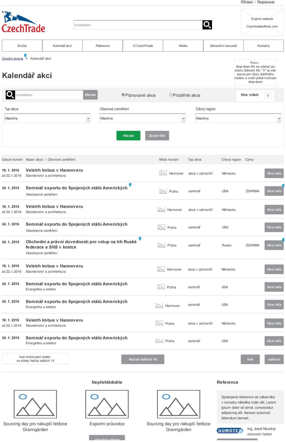 "V" je zde pouze pro ú ely drát ného modelu a zna í práv možnost drop-down Plánované akce Prob hlé akce V Typ akce Všechny Oborové zam ení Všechny Cílový region Všechny Datum konání Název akce /