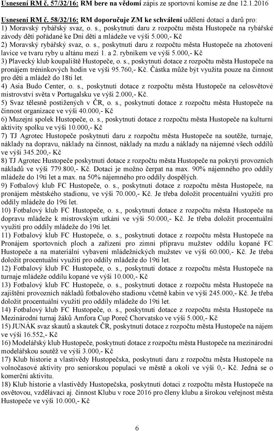 000,- Kč 3) Plavecký klub koupaliště Hustopeče, o. s., poskytnutí dotace z rozpočtu města Hustopeče na pronájem tréninkových hodin ve výši 95.760,- Kč.