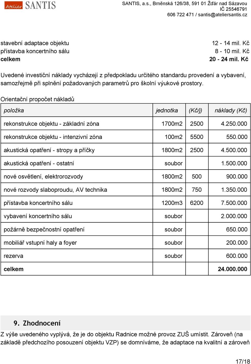 Orientační propočet nákladů položka jednotka (Kč/j) náklady (Kč) rekonstrukce objektu základní zóna 1700m2 2500 4.250.000 rekonstrukce objektu intenzivní zóna 100m2 5500 550.