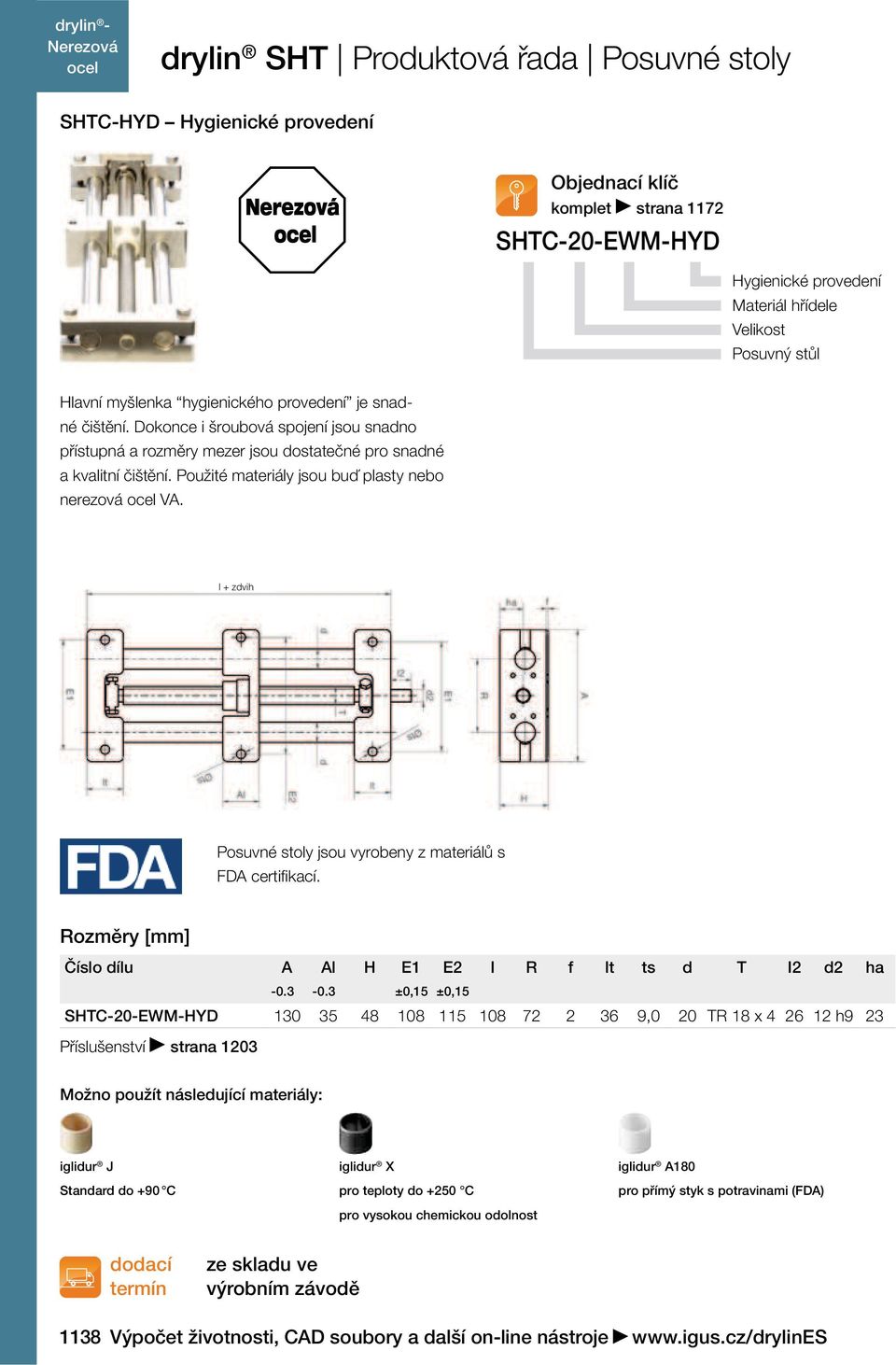 Použité materiály jsou buď plasty nebo nerezová VA. I + zdvih Posuvné stoly jsou vyrobeny z materiálů s FDA certifikací. Rozměry [mm] Číslo dílu A Al H E1 E2 I R f It ts d T I2 d2 ha -0.3-0.