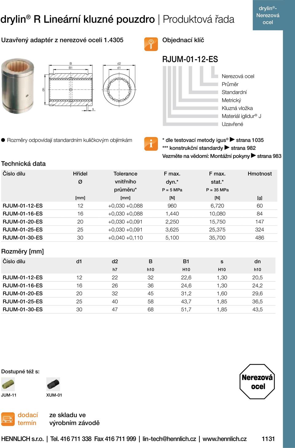 testovací metody igus strana 1035 *** konstrukční standardy strana 982 Vezměte na vědomí: Montážní pokyny strana 983 Číslo dílu Hřídel Tolerance F max. F max. Hmotnost Ø vnitřního dyn.* stat.