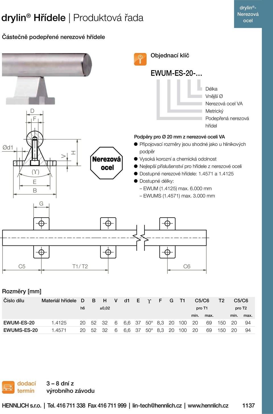 4125 Dostupné délky: EWUM (1.4125) max. 6.000 mm EWUMS (1.4571) max. 3.000 mm C5 T1/ T2 C6 Rozměry [mm] Číslo dílu Materiál hřídele D B H V d1 E ϒ F G T1 C5/C6 T2 C5/C6 h6 ±0,02 pro T1 pro T2 min.