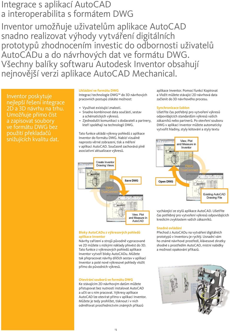 Inventor poskytuje nejlepší řešení integrace 2D a 3D návrhu na trhu. Umožňuje přímo číst a zapisovat soubory ve formátu DWG bez použití překladačů snižujících kvalitu dat.