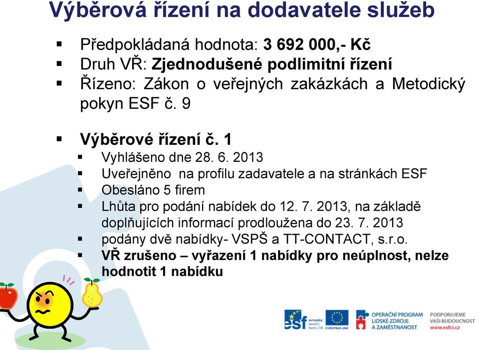 2013 Uveřejněno na profilu zadavatele a na stránkách ESF Obesláno 5 firem Lhůta pro podání nabídek do 12. 7.