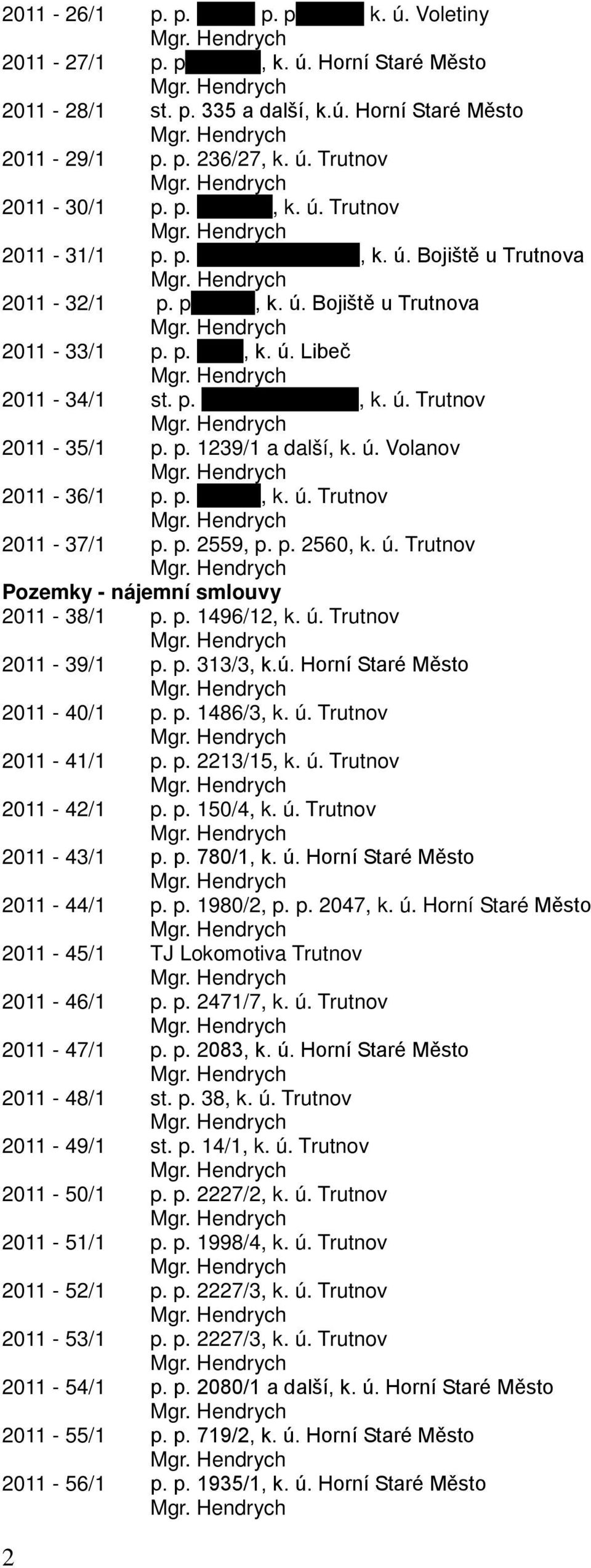 p. 2559, p. p. 2560, k. ú. Trutnov Pozemky - nájemní smlouvy 2011-38/1 p. p. 1496/12, k. ú. Trutnov 2011-39/1 p. p. 313/3, k.ú. Horní Staré Město 2011-40/1 p. p. 1486/3, k. ú. Trutnov 2011-41/1 p. p. 2213/15, k.